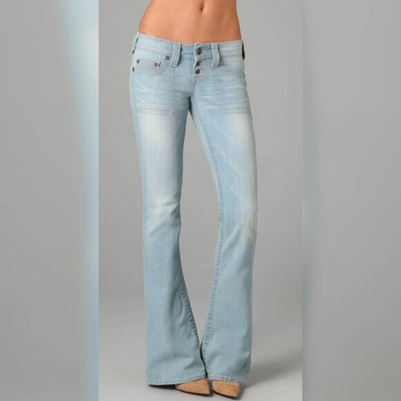 True Religion Morgan Sunbleached Light Distressed Wide Leg Flare Jeans - Picture 1 of 13